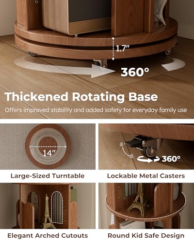 Solid Wood Rotating Bookshelf Tower, 6 Tier Corner Bookshelf with Bookends, Kids Spinning Book Shelf with Wheels, Revolving Bookcase Shelf, Tall Narrow Bookshelves for Small Spaces, Walnut