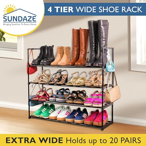 Sundaze Shoe Rack - 4 Tier Metal Shoe Rack for Front Door Entrance, Sturdy Long Shoe Organizer for Closet, Bedroom, Entryway, Garage, Black Metal Shoe Shelf, Holds Up to 20 Pairs