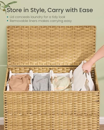 SONGMICS 4-Section Laundry Hamper with Lid, 55.4 Gal (210L) PE Rattan Laundry Basket with Removable Washable Liners, for Bedroom & Living Room, Goose Yellow ULCB224YE01 - color: Goose Yellow, size: 210 L (4 Basket)