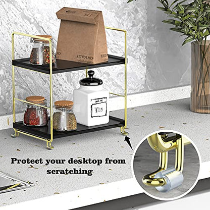 2-Tier Spice Rack Bathroom Organizer Countertop Storage Shelf, Cosmetic Storage Rack Standing Counter Shelf (Gold + Black) - color: Black + Gold