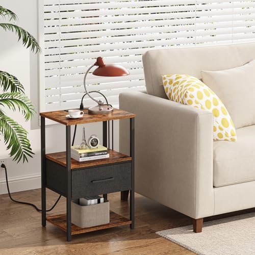 TUTOTAK Nightstand Set of 2, Night Stand with Charging Station, End Table, Bedside Table with Fabric Drawer, Side Table for Livingroom and Bedroom, Brown TB01BB0692 - color: Brown, style: Plug