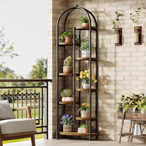 Tribesigns Arch Plant Stand Indoor, 71" Tall Corner Plant Shelf, 8-Tier Plants Stand with Metal Support Frame, Tiered Flower Stands Pot Holder Display Rack for Indoor, Living Room, Patio, Brown & Black