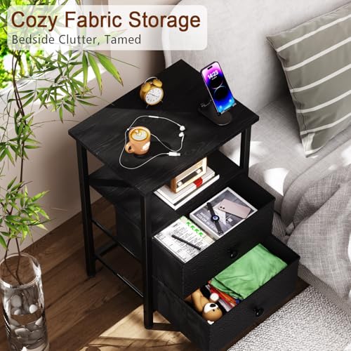 Night Stand, Black Nightstands Set of 2 for Bedroom | Small Bedside Table with 2 Fabric Drawers, End Tables Living Room, Bed Side Table with Open Storage Shelf - color: Black