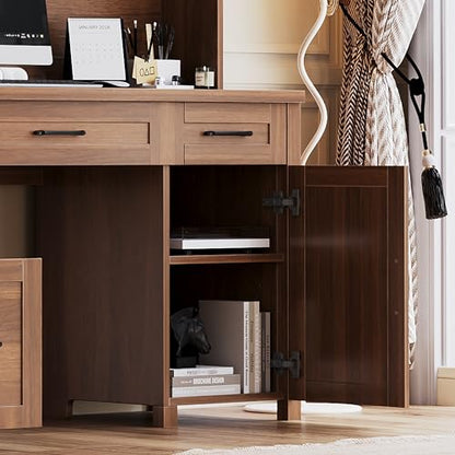61" Farmhouse Executive Desk with Hutch & Charging Station, Wooden Computer Desk with 2 Sliding Barn Doors, 5 Drawers & Storage Cabinet with Adjustable Shelf for Home Office, Bedroom (Walnut-01) - color: Walnut-01