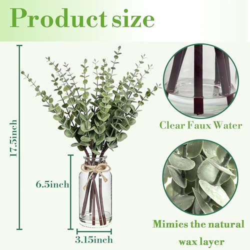 Artificial Eucalyptus Stems in Glass Vase with Faux Water, 17.5" Sage Green | Fake Plants for Home Decor, Bathroom, Coffee Table Centerpiece, Farmhouse Wedding, Faux Greenery Decorations, Office Decor