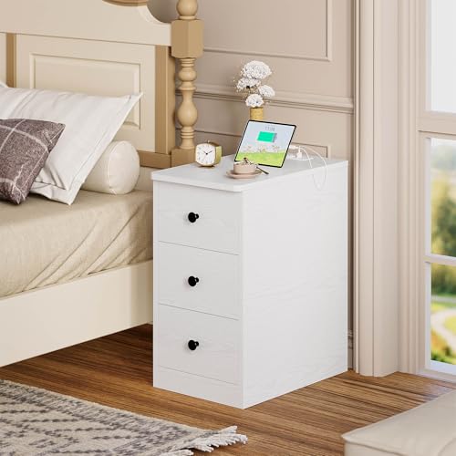 LIKIMIO Nightstand with Charging Station, 3 Drawers Modern for Bedroom - color: White