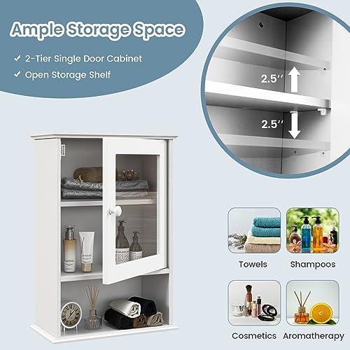 Tangkula Bathroom Cabinet, Wall Mounted Storage Organizer W/Door and Open Shelf, Hanging Medicine Cabinet, White
