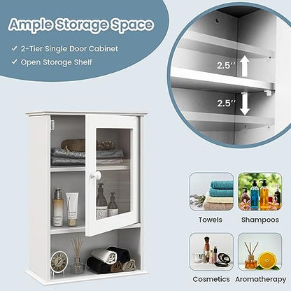 Tangkula Bathroom Cabinet, Wall Mounted Storage Organizer W/Door and Open Shelf, Hanging Medicine Cabinet, White