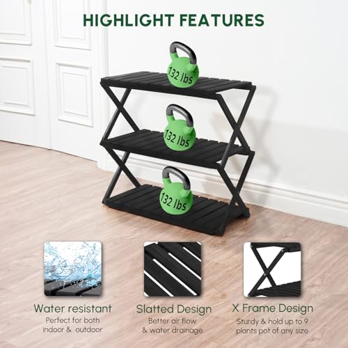 3-Tier Foldable Acacia Wood Ladder Plant Stand & Corner Rack Black | 4-tier indoor & outdoor wooden plant ladder, foldable corner design, tall plant rack, perfect for office, balcony & garden