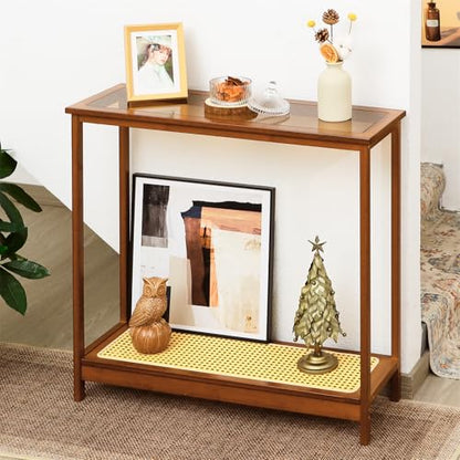Bamboo Narrow Console Table, 31.5"(L) Wood Small Entryway Table with Rattan and Glass, Accent Slim Hallway Tables, Thin Sofa Side Tables for Hallway, Living Room, Bedroom, Foyer, Walnut - color: Walnut 31.5"(l)