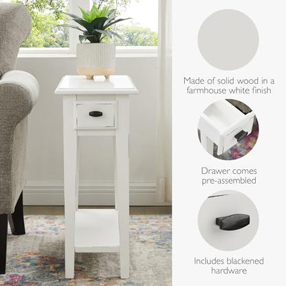 Leick Home Haven Ridge Narrow End Table, Solid Wood, with Drawer and Shelf, for Living Room and Small Spaces, Farmhouse White, 214361 - color: White, size: Narrow, style: Farmhouse