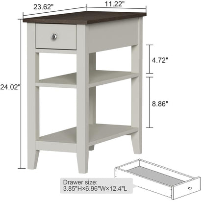 ChooChoo Side Table Living Room, Narrow End Table with Drawer and Shelf, 3-Tier Sofa End Table for Small Space, White and Brown - color: Farmhouse White