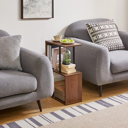 Aibiju S-Shaped Side Table, 3-Tier End Table with Open Storage Shelves, Non-Slip Feet, Modern Style Nightstand, Narrow Side Table for Small Space Living Room Bedroom Light Walnut YD-ST003LW - color: Light Walnut