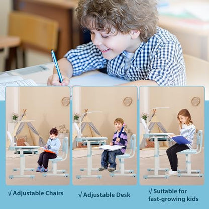 Rengue Kids Desk and Chair Set, Height Adjustable Children School Functional Study Desk with 55° Tiltable Desktop, 3 Modes & Brightness LED Light, Storage Drawer & Metal Hook for Boys Girls (Blue) - color: Blue