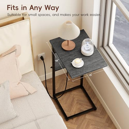 C-Shaped End Tables Set of 2 with Charging Station, 33'' Tall C Table Adjustable Height Side Table for Couch, Small Couch Table that Slide Under Sofa, TV Trays for Living Room, Gray Walnut - color: 2pc Gray Walnut, style: With Plug