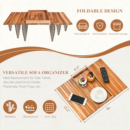 GEHE Acacia Wood Sofa Arm Tray, Foldable Couch Arm Tray Side Table, Anti-Falling Armrest Tables Cup Holder for Snacks, Drinks, Beers, Phone, Control, Flexible and Portable, Anti-Slip - color: Acacia Wood