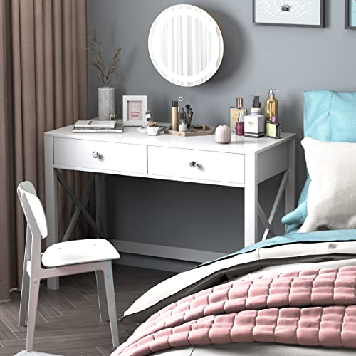 WiberWi Home Office Desk with Drawers, Modern Writing Computer Desk for Bedroom, Small Makeup Vanity Table Study Table for Home Office,White - color: White