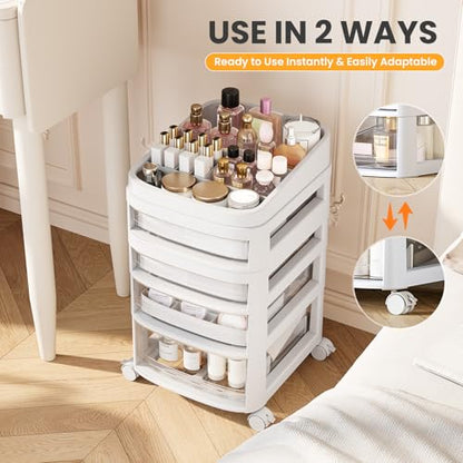 Rolling Cart with 4 Drawers, Clear Plastic Drawer Organizers, Dust Proof Under Desk Storage for Makeup, Skincare, Art Crafts and Baby Items, Acrylic Cosmetic Organizer with Dividers, Vanity Cart - size: 4 Tier