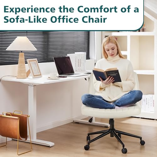 OLIXIS Criss Cross Chair with Wheels, Vanity Chair, Home Office Desk | Wide Seat Armless, Faux Leather, Height Adjustable Swivel Rolling, Home Computer Task Seating for Bedroom Study, Beige PU - color: Beige Pu