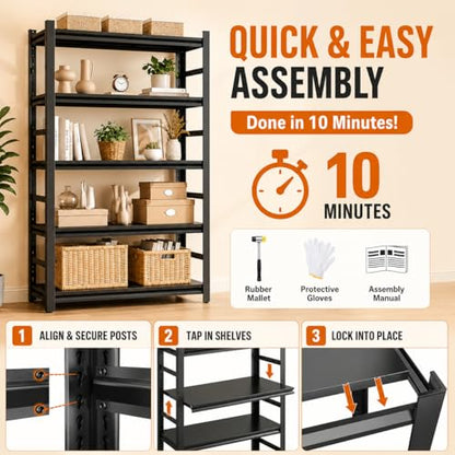 Bolt-Free Metal Bookshelf, Adjustable Tall Bookcase with Anti-Drop Fence, Heavy Duty Deep Book Shelf, Large Office Bookshelf, Modern Storage Shelves for Bedroom, LivingRoom, Garage - size: 5-Tier 36"W x16"D x71"H