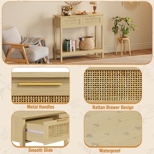 Trironsun Farmhouse Rattan Console Table with 2 Drawers 2 Tier Boho Narrow Long Sofa Table Natural with Open Storage Shelf Wood Entryway Table for Living Room Hallway Foyer (Nature, 39.4 Inch) - color: Nature