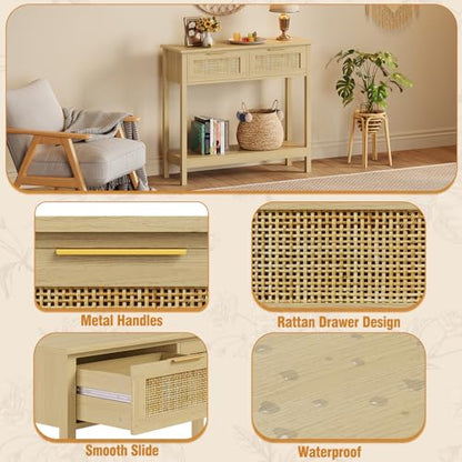 Trironsun Farmhouse Rattan Console Table with 2 Drawers 2 Tier Boho Narrow Long Sofa Table Natural with Open Storage Shelf Wood Entryway Table for Living Room Hallway Foyer (Nature, 39.4 Inch) - color: Nature