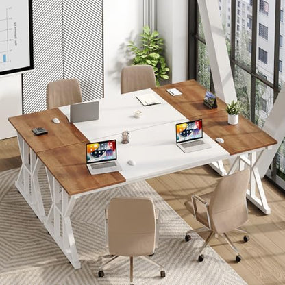 TVU Computer Desk, 63 inch Large Office Desk, Study Writing Table with Thicken Frame, Gaming Desk, Modern Simple Desk for Home Office, Brown/White - color: Brown+white, size: 63inch