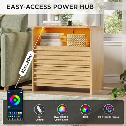 Fameill Fluted Nightstands,Nightstand with Charging Station,LED Night Stand with Two Drawers,Bedside Table with USB Ports and Outlets,Modern End Table for Bedroom (Burly Wood) - color: Burly Wood