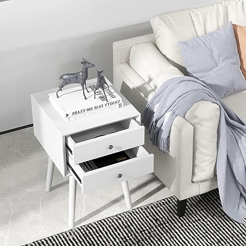 GOFLAME Nightstand with 2 Drawers, Small Wooden Side Table, Mid Century Modern Bedside Table with Storage, Compact End Table for Bedroom, Easy Assembly, White - color: White