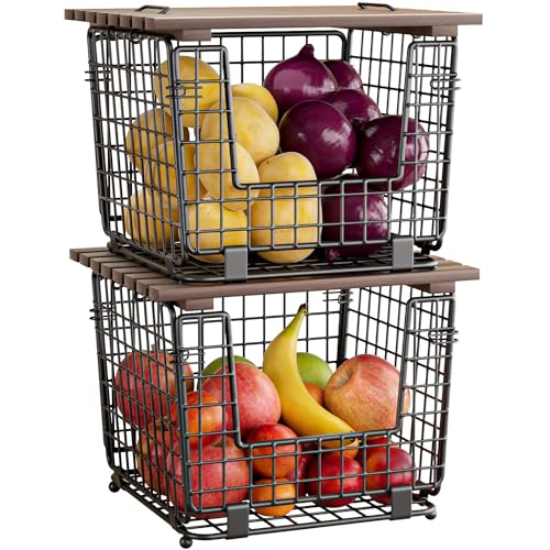 2 Pack Stackable Potato Onion Bins, Pantry Organizers and Storage | Wire Basket with Breathable Design for Garlic Fruits Vegetables Storage, Kitchen Counter Organizer - color: 2pack-bronze