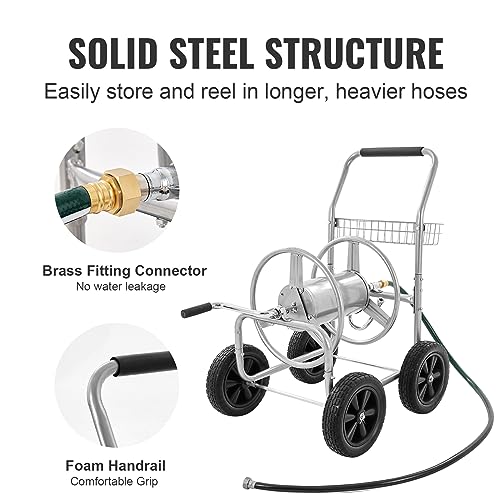 VEVOR Hose Reel Cart, Hold Up to 300 ft of 5/8’’ Hose, Garden Water Hose Carts Mobile Tools with 4 Wheels, Heavy Duty Powder-Coated Steel Outdoor Planting with Storage Basket, for Garden, Yard, Lawn - style: 300 ft