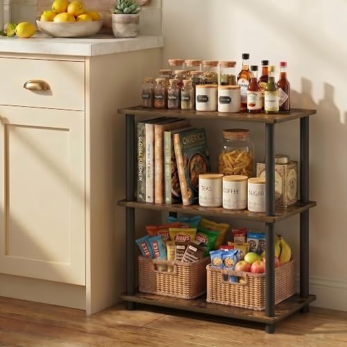 Furinno Turn-N-Tube Storage Shelves, 3-Tier Open Frame Book Shelf, Standing Corner Shelf, Toolless Open Shelves, for Organization and Storage, Living Room, Garage, Home Office, Amber Pine - color: Amber Pine/Black, size: 3-Tier Narrow
