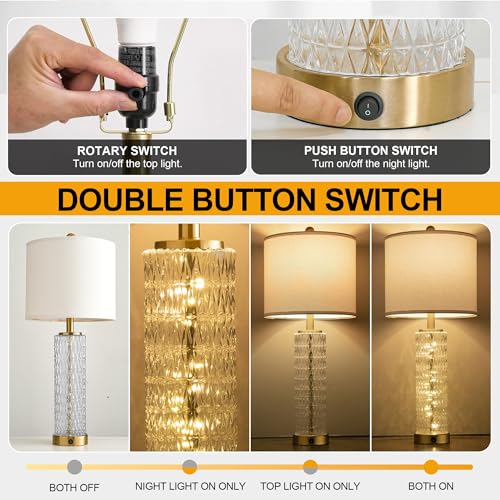Oneach 27.75” Table Lamps Set of 2, Gold Modern Bedside Lamp with LED Night Light, USB A+C, Glass Lamps for Living Room, Bedroom, Nightstand, Office, End Table (2 Bulbs Included) - color: Gold - White Shade