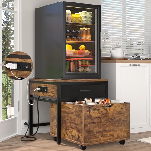 Unikito Mini Fridge Stand with Drawer Storage and Sockets, Heavy Duty Small Refrigerator Stand Cart for Dorm, Apartment, Office, Bedroom, Mini Fridge and Microwave Stand, Hold 300LBS, Rustic Brown - color: Rustic Brown