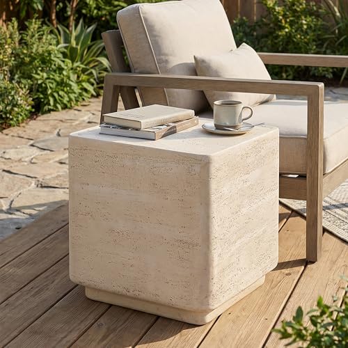 Christopher Knight Home Zax Lightweight MGO Outdoor Side Table, Square Accent Table with Stone-Like Texture, Weather Resistant Small End Table for Indoor/Outdoor Usage, No Assembly, Beige Travertine