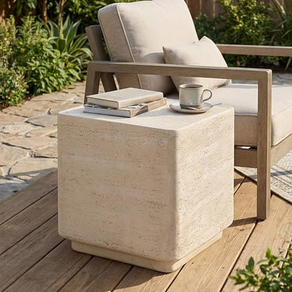 Christopher Knight Home Zax Lightweight MGO Outdoor Side Table, Square Accent Table with Stone-Like Texture, Weather Resistant Small End Table for Indoor/Outdoor Usage, No Assembly, Beige Travertine