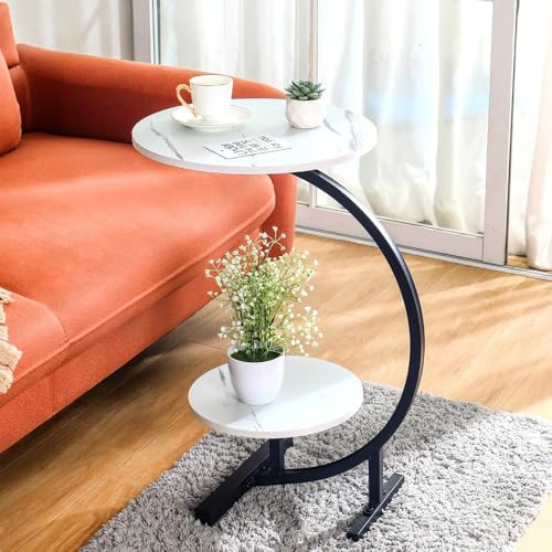 2 Layers Round Marble Texture Small C-Shaped Side Table,Snack Side Table, End Table for Sofa Side Table,Bedside Table for Living Room Kitchen Garden Bedroom