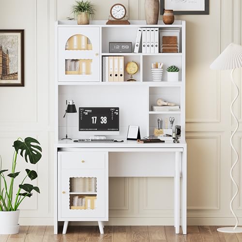 Wooden Computer Gaming Desk with 90 Degree Rotating Desktop, Study Writing Desk with Open Shelves, Storage Drawer and Cabinets, Work Desk for Home Office Bedroom Living Room (White-03) - color: White-03