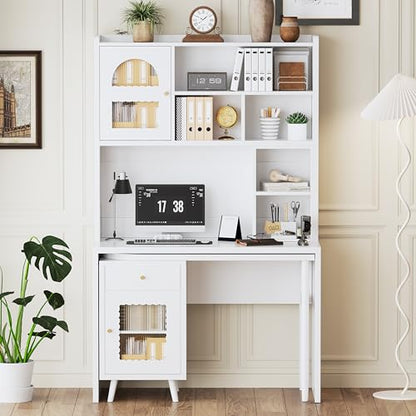 Wooden Computer Gaming Desk with 90 Degree Rotating Desktop, Study Writing Desk with Open Shelves, Storage Drawer and Cabinets, Work Desk for Home Office Bedroom Living Room (White-03) - color: White-03