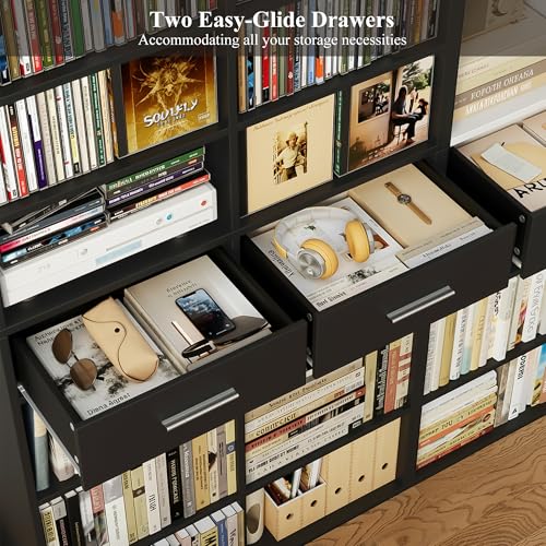 HOSTACK 73" Tall Bookshelf with Drawers, 7-Tier Black Bookshelf with Storage, Double Wide Bookcase with 14 Open Book Shelves, Wood Book Case with Adjustable Shelves for Media CD DVD Storage, Black