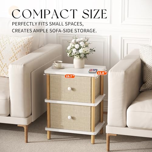 Apicizon Nightstand with 2 Drawers, Side Table with Storage, White+Natural | Small End Table with Solid Wood Legs, for Small Spaces, Bedroom, Living Room, Entryway, Easy Assembly - color: White+natural