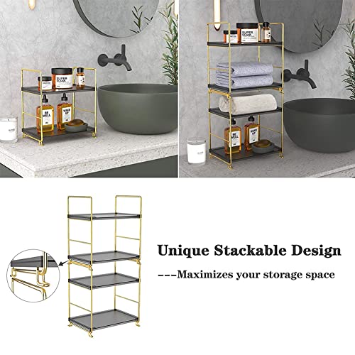 2-Tier Kitchen Spice Rack - Freestanding Stackable Organizer Shelf - Bathroom & Cosmetic Organizer - Square Standing Rack (Golden&Black) - color: Golden