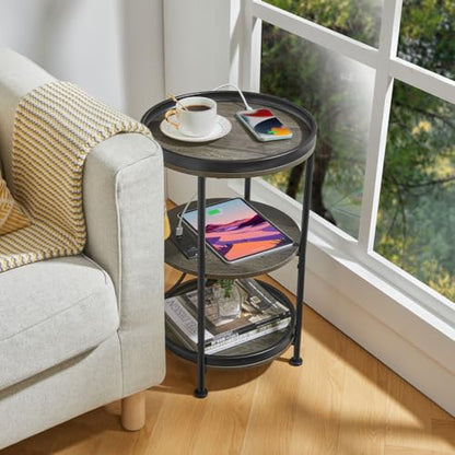 Dulcii Round Side Table with Charging Station, End Table with 3 Shelves for Living Room, Bedroom Nightstand with Steel Frame for Small Spaces, Industrial Round Sofa Table (USB+Grey) - color: Grey, style: With Outlets