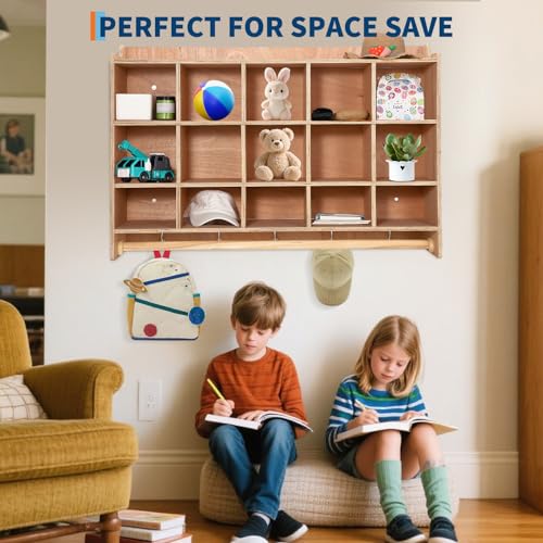 IDEALHOUSE Wall Mount Cubby Storage Organizer,15 Cubbies with Shoe Shelf Hooks 47Inch Width Daycare Shelves for Toys, Classroom Furniture, Kids Room Organization
