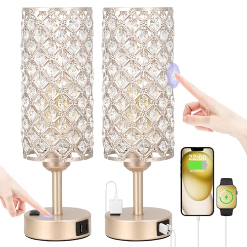 Hong-in Touch Table Lamps for Bedrooms Set of 2-3 Way Dimmable Champagne Gold Crystal Lamps with Crystal Shade, Bedside Nightstand Lamp for Living Room Bedroom Home Office - color: Champagne Gold