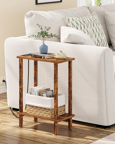 TUTOTAK Small End Table with Charging Station, Narrow Side Table with USB Ports and Outlets, Skinny Sofa Table, Slim Nightstand, Living Room, Bed Room, Pure Brown TB01BB060C - color: Pure Brown, size: 2-tier