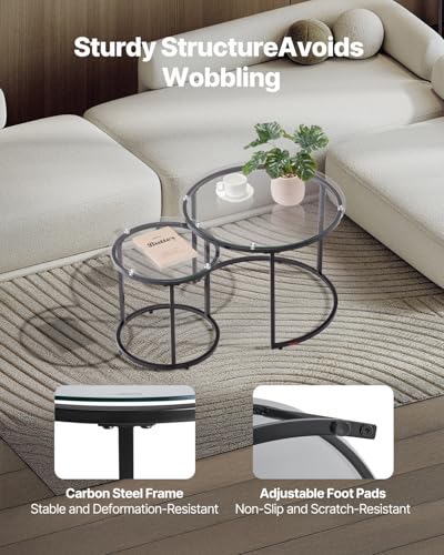 VEVOR Nesting Coffee Table Set of 2, 23.6 in Round Coffee Table, Glass Nesting Tables for Small Place, Modern End Side Tables Night Stand with Metal Frame, for Living Room, Bedroom, Balcony, Office - color: Black