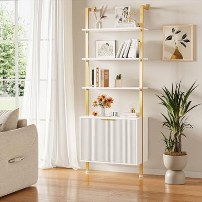 INNOD 74" Tall Bookshelf with Storage Cabinet, Modern Ladder Shelf with Wood and Metal Frame, Wall Mount Bookcase Open Display Shelf Furniture for Living Room, Bedroom, Home Office, Gold - color: White & Gold