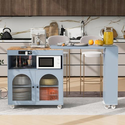 Rolling Kitchen Island with Extendable Swivel Table and Power Outlet, Kitchen Island on Wheels with Storage Cabinet, Fluted Glass Doors and Open Shelves for Small Spaces, Grey-Blue - color: Grey-blue