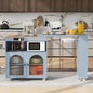 Rolling Kitchen Island with Extendable Swivel Table and Power Outlet, Kitchen Island on Wheels with Storage Cabinet, Fluted Glass Doors and Open Shelves for Small Spaces, Grey-Blue - color: Grey-blue